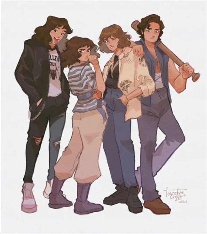 Robin, Eddie, Nancy, and Mike from 'Stranger Things' reaching to touch a lit chandelier with sparkly dust emanating from it 